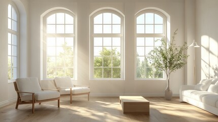 Fototapeta premium A bright and airy living room with white walls, 