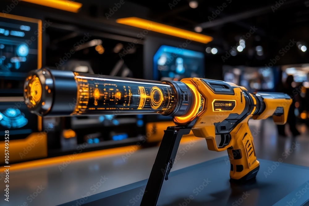 Poster High-tech heat gun used in a cyberpunk lab with holographic screens showing temperature data, symbolizing futuristic control over intense temperatures, symbolizing innovation and precision