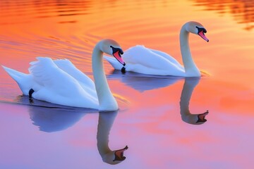 Graceful swans gliding on a calm lake at sunset, their white feathers reflecting in the pink and orange water.