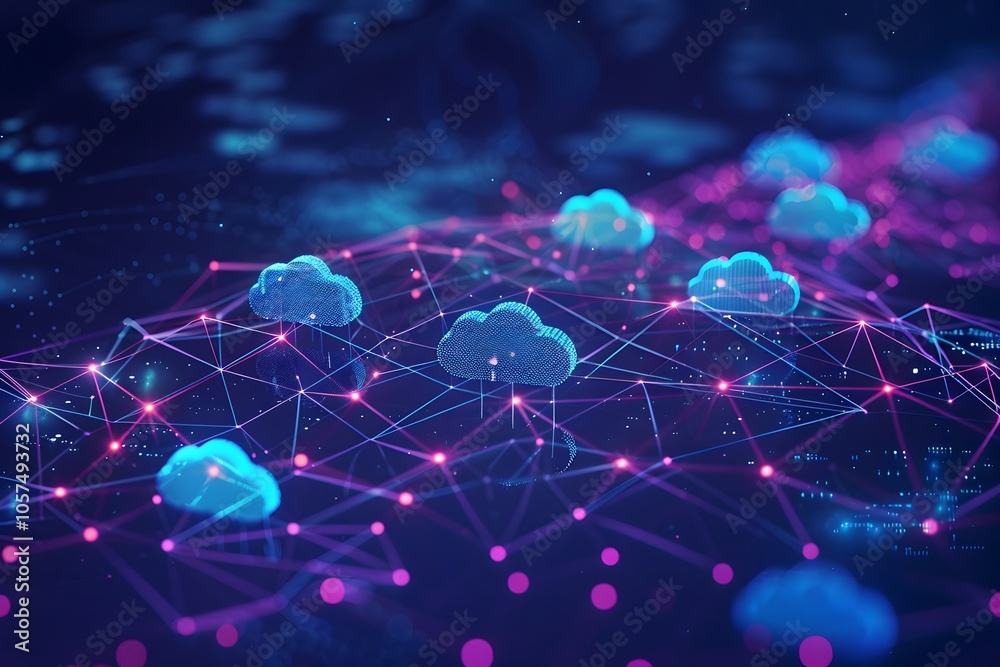 Poster digital cloud network visualization with connected nodes and clouds