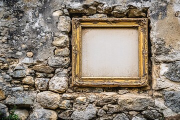 Old Golden Frame on Stone Wall Rustic Background Blank Canvas Vintage Art Retro Frame