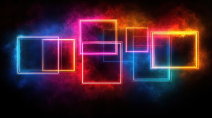 A vibrant, abstract design featuring glowing, colorful rectangles against a dark background.