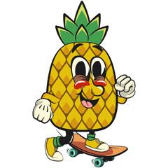 Cute and happy fun pineapple isolated vector cartoon mascot character playing skateboarding, work of hand drawn