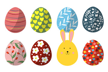 Colorful easter eggs with hare, set collection isolated icon on white background. Happy easter vector illustration