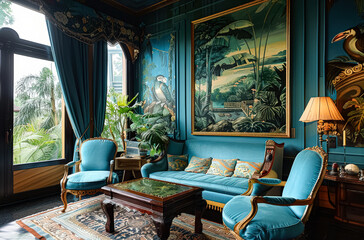Fototapeta premium Large, brightly colored room with a jungle theme. The walls are painted in a deep green color, and there are many plants and vases throughout the space. The furniture is made of blue and gold