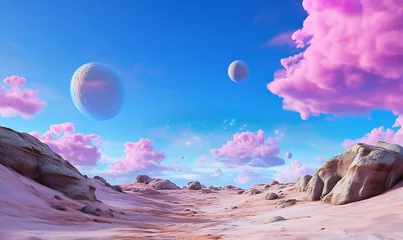 Fototapete Rund A surreal landscape featuring pink clouds and distant planets. © Sebelas Studio