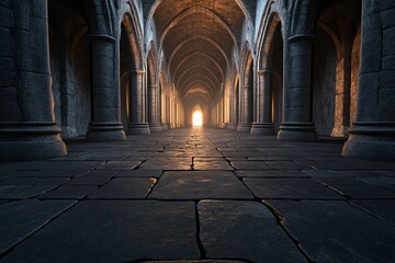 Obraz premium Stone Archway Corridor With Light At End Medieval Architecture Interior