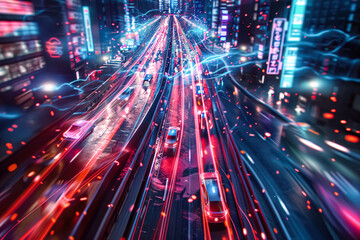 Fototapeta premium Cityscape with a highway in the middle and a bright city skyline. The highway is lit up with bright lights, creating a sense of movement and energy. The cityscape is bustling with activity
