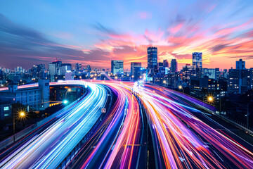 Obraz premium Cityscape with a highway in the middle and a bright city skyline. The highway is lit up with bright lights, creating a sense of movement and energy. The cityscape is bustling with activity