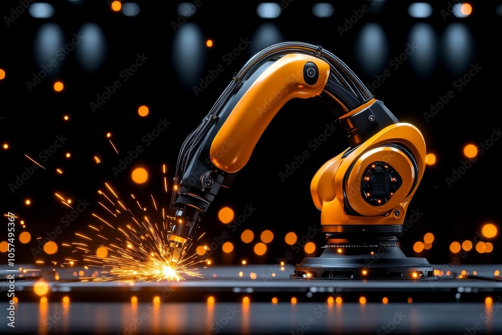 Poster industrial robotic arm welding metal with sparks flying, showcasing the power and precision of moder