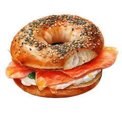 Bagel multigrain Bread and salmon, Watercolor illustrations