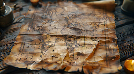 Fototapeta premium Old World Map Illustration on Wooden Table