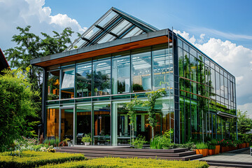 Large glass house with a lot of greenery and a patio. The house is surrounded by trees and has a lot of natural light coming in through the windows. The house has a modern and luxurious feel to it