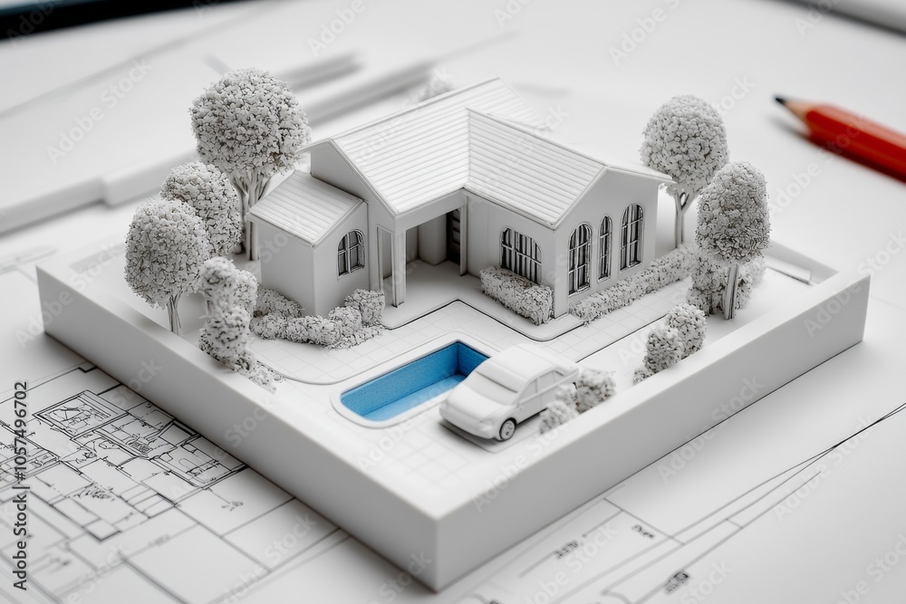 Poster Minimalist blueprint of a single-story modern home with clean lines, open spaces, and minimal structural details, capturing the simplicity of functional design, symbolizing clarity and efficiency