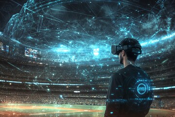 VR Metaverse Experience Man Watching Virtual Sports Event