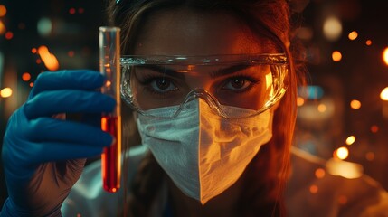 A female doctor wearing protective glasses, mask, and medical cap is holding up a red test tube with liquid in it to the camera. 