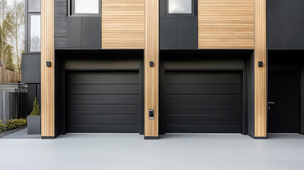 Modern building facade with two black garage doors and wood panel accents, minimalistic design, large windows, exterior lights, and concrete driveway