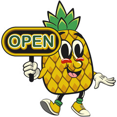 Cute and happy fun pineapple isolated vector cartoon mascot character showing a sign that says open, work of hand drawn