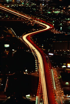 Gardiner Expressway at night viewed from the CN Tower in Toronto, Canada; Toronto, Ontario, Canada