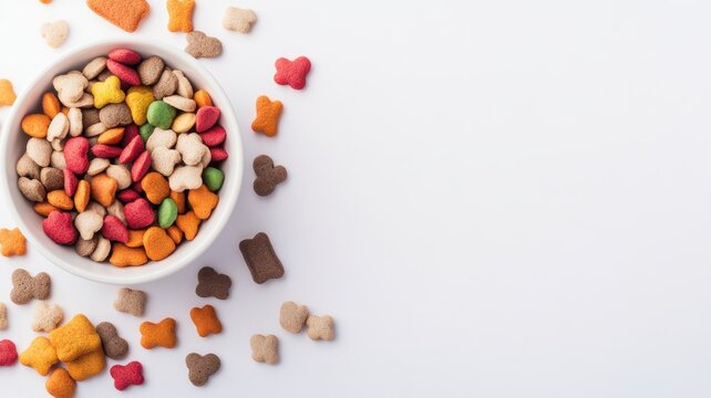 A colorful bowl of assorted pet treats on a clean, white background, showcasing various shapes and sizes appealing to pets.