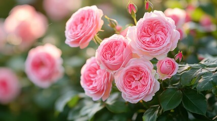 Obraz premium Pink Roses in Bloom with Green Foliage