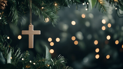 cross shaped christmas ornament hanging on pine tree