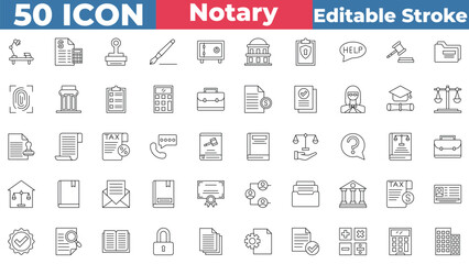 Notary icon collection set. Containing Book, Law, Office, Pencil, Briefcase, Woman, Accountant, And More. Editable stroke outline icon.