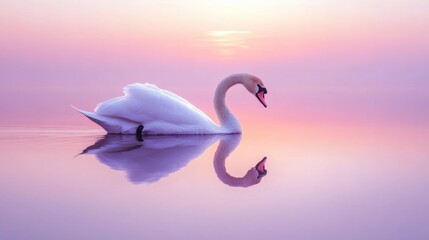Fototapeta premium A graceful white swan gliding smoothly across the surface of a still lake, its reflection perfectly mirrored in the water