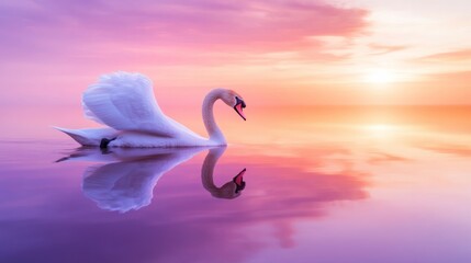 Fototapeta premium A graceful white swan gliding smoothly across the surface of a still lake, its reflection perfectly mirrored in the water