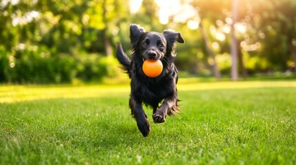 A happy black golden retriever dog running on the green grass field with a ball in its mouth