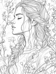 Coloring page for adults, young girl in a light dress in the garden
