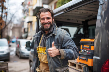 Cheerful Repairman Giving Thumbs Up in Front of Van with Tools and Toolbox