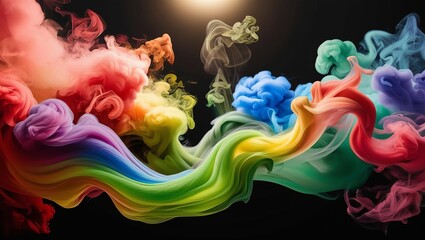 Vibrant swirling clouds of rainbow-colored smoke on a black background