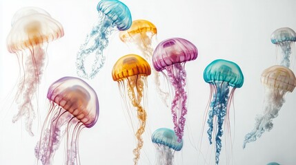 A lot of different kinds of jellyfish swim on white background 
