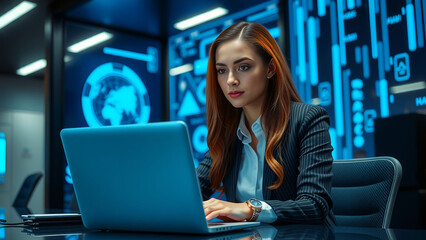 "Inside a high-tech office, a beautiful female IT officer is working on her laptop, with a background wall featuring neon blue lights and digital effects. 