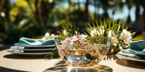 A glass bowl filled with golden orbs and delicate white flowers rests upon a beige tablecloth, the centerpiece of a table set for a summer luncheon.