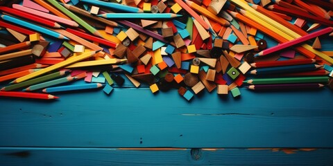 A vibrant and colorful composition of wooden blocks and colored pencils arranged on a blue wooden surface, creating a sense of creativity and artistic expression.