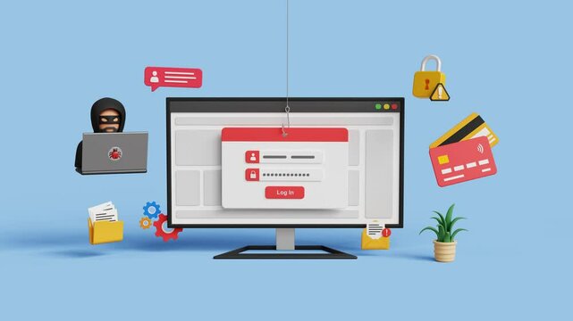 Phishing or hacking attack concept. Fake login screen to hack username, password. Cyber security, steal personal information. 3D computer with fake login screen. 4K 3D animation