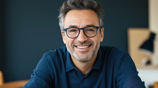 Portrait of a middle-aged man with gray hair wearing glasses and a blue shirt, smiling confidently in a modern office setting with blurred background elements.