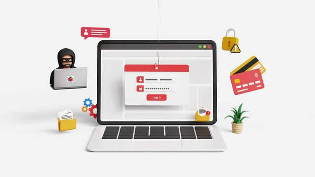 Phishing alert, hacking attack, personal data security. Personal information at risk, stealing username and password, cyber security concept. 3D fake login screen on a laptop. 4K 3D animation