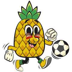 Cute and happy fun pineapple isolated vector cartoon mascot character playing football soccer, work of hand drawn