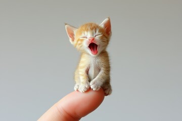 Super tiny cat perched on someone's finger and yawns