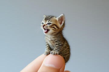 Small miniature cat perched on human finger and yawns