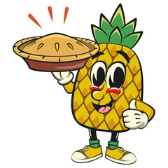 Cute and happy fun pineapple isolated vector cartoon mascot character bring a delicious pie, work of hand drawn