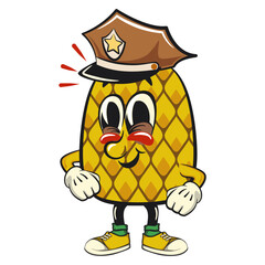Cute and happy fun pineapple isolated vector cartoon mascot character as a policeman, work of hand drawn