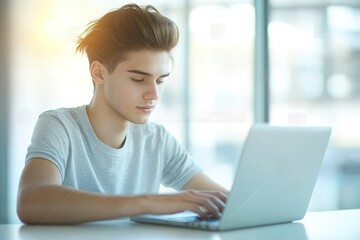 Focused young man using laptop in sunny room