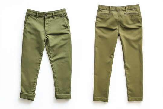 Green chinos front and back views on white background