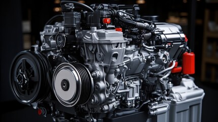 Close-up of a Detailed Engine with Black and Silver Components
