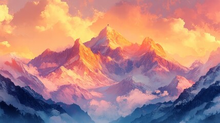 A pastel mountain range with a tiny flag at the top,