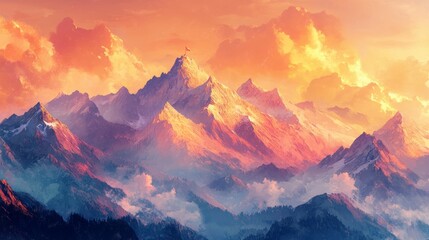 A pastel mountain range with a tiny flag at the top,